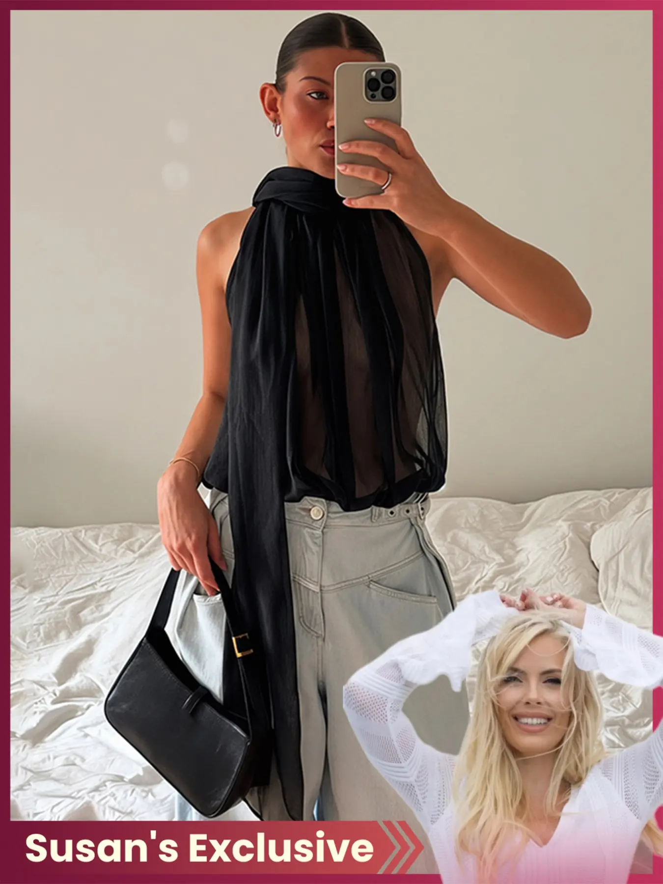 Women's Elegant Lightweight Solid Chiffon Sheer Halter Neck Sleeveless Top, Bloom Collar, Baggy Loose Casual & Office Blouse