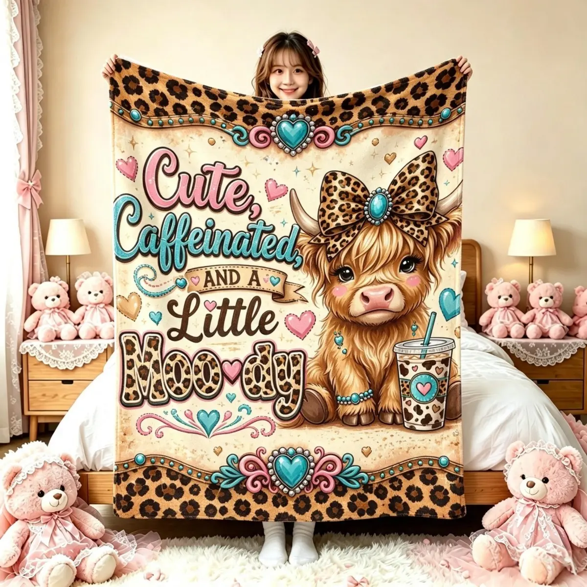Vintage Leopard Cute Highland Cow Flannel Throw Blanket, Cute Caffeinated And A Little Moody Funny Coffee Cow Graphic Blanket, Soft Warm Cozy All Season Blanket for Sofa Bed Office Nap Camping, Western Decor Gift for Women Cow Lovers