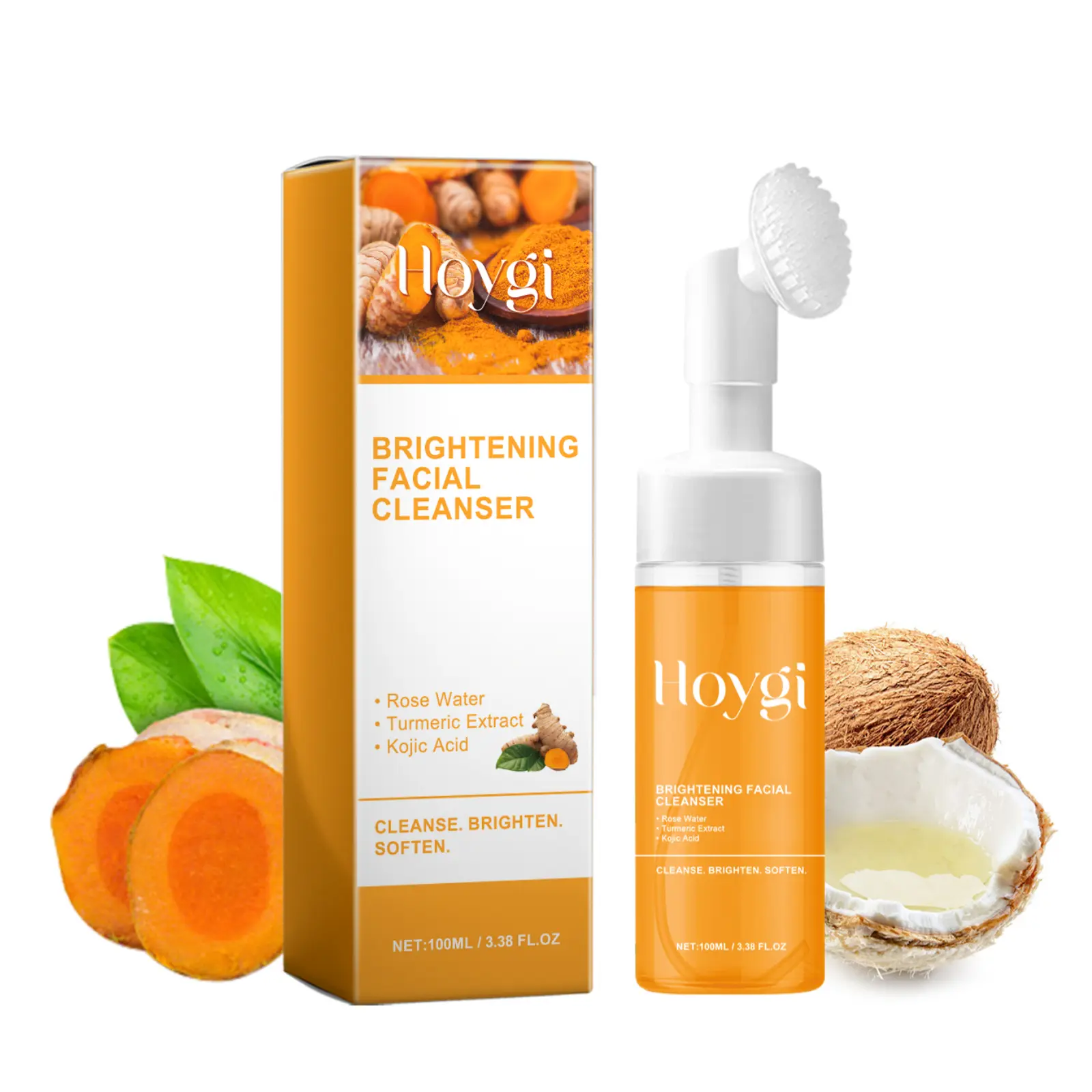 Hoygi Turmeric Brightening Facial Cleanser,Deep Cleansing Glow Wash Turmeric Face Foaming Wash with Brush for All Skin