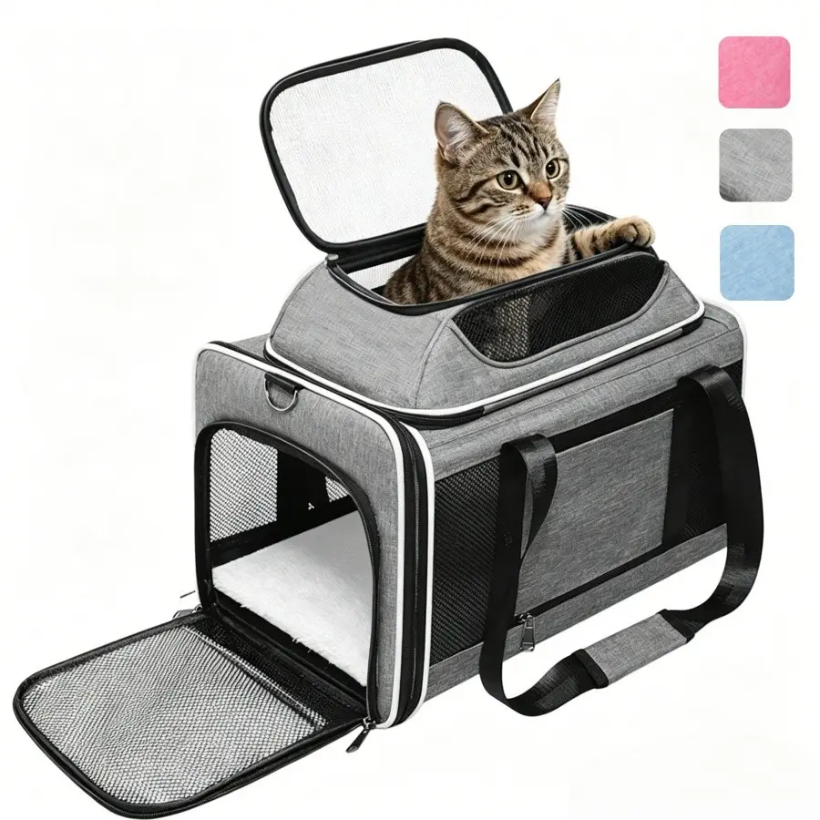 Expandable Pet Carrier Airline Approved Dog Cat Carrier, Breathable Soft-Sided with Locking Zippers, Pet Travel Bag for Small Dog Cat Anti-Scratch Mesh (Gray, Pink, Blue)
