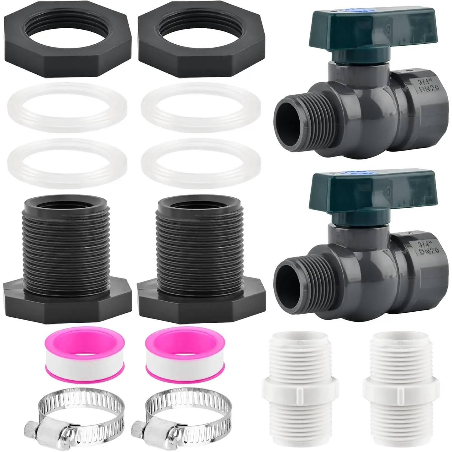 Rain Barrel Spigot Kit, 2 Pack 3/4" PVC Water Barrel Diverter Kit with Bulkhead Fitting, Garden Hose Faucet Adapter and Thread Seal Tape, for Water Tanks, Aquariums, Tubs, Pools and Garden