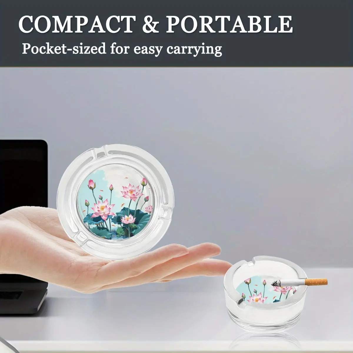 A circular ashtray with an anti slip base, showcasing a beautiful blue lotus lotus design, perfect for home, office or bar use - a stylish and practical ashtray suitable for cartoon enthusiasts and decoration collectors