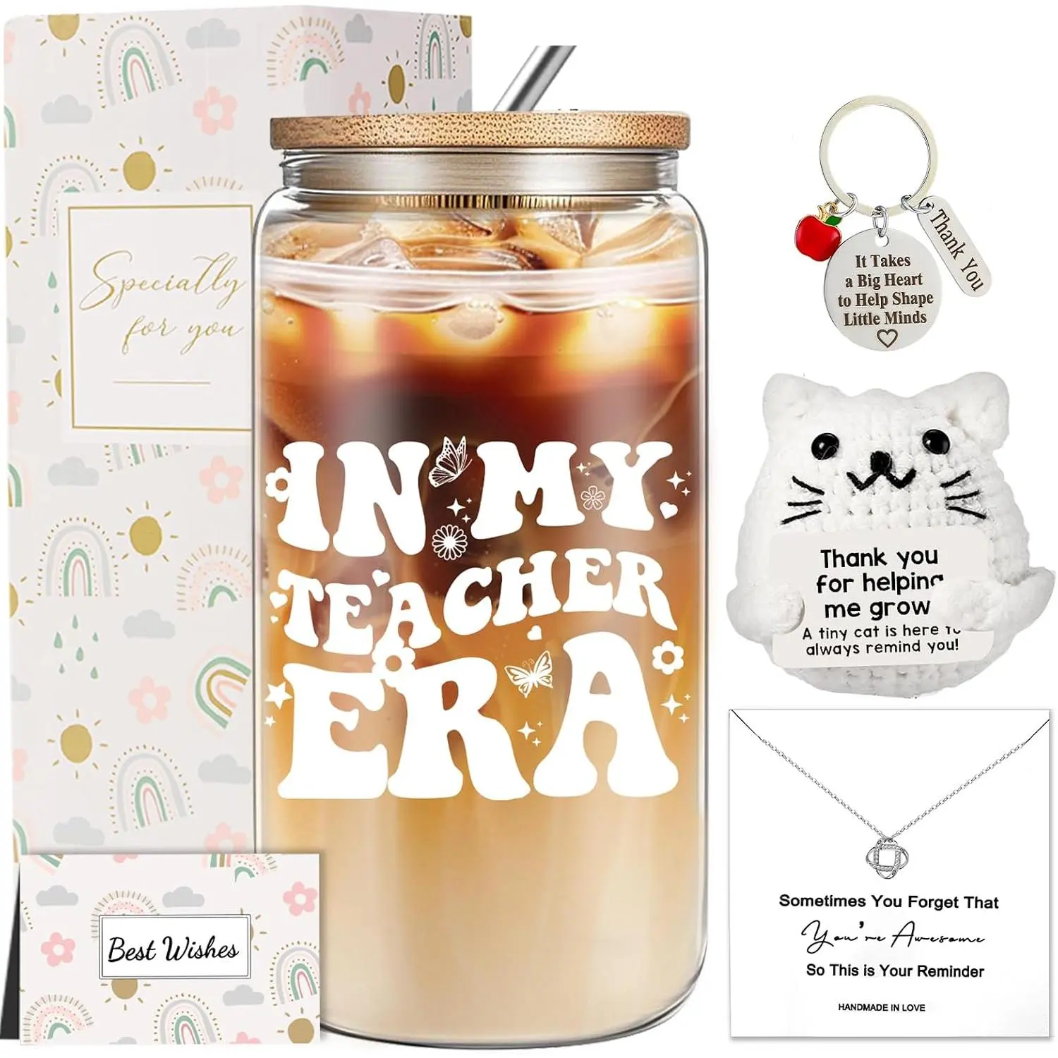 Teacher Appreciation Gifts for Women  Teachers  to School | Teacher Birthday Christmas Thank You Gifts Set with 16oz Glass Cup, Positive  Crochet ,Exquisite Necklace