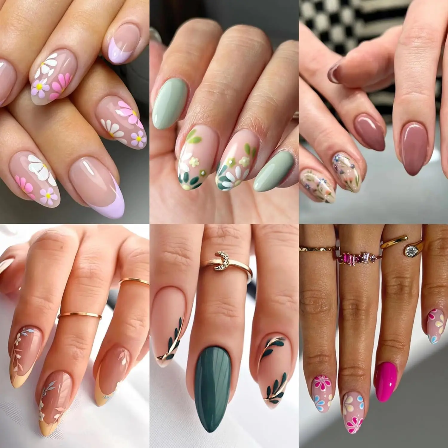 6 Packs (144 Pcs) Almond, Flower & Leaf Press on Nails - Short, Medium Sizes - 6 Styles - Fake Nails Kit for Women