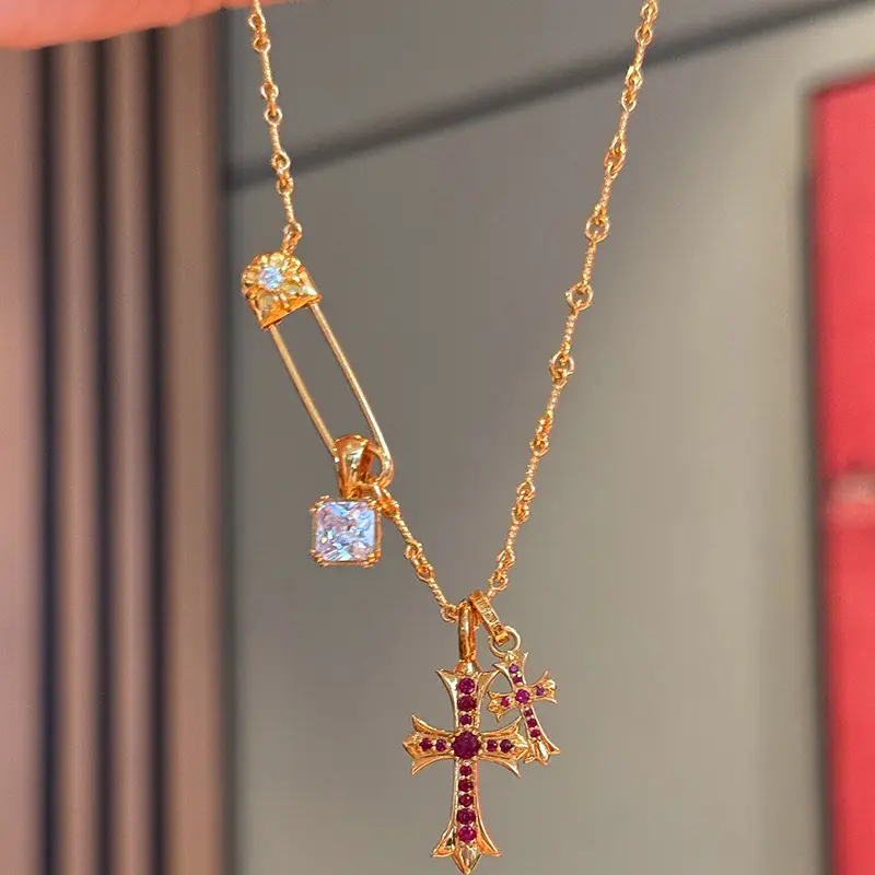 Vintage Gold Pin Cross Necklace DDXL0103 High-End Niche Design Clavicle Chain