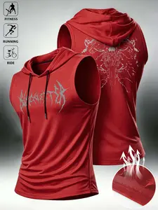 Summer New Casual Sporty Sleeveless Hooded Tank Top, Casual Sports Vest, Gothic Spike Skull Print, Fashionable Daily Wear, Essential for Outdoor Activities