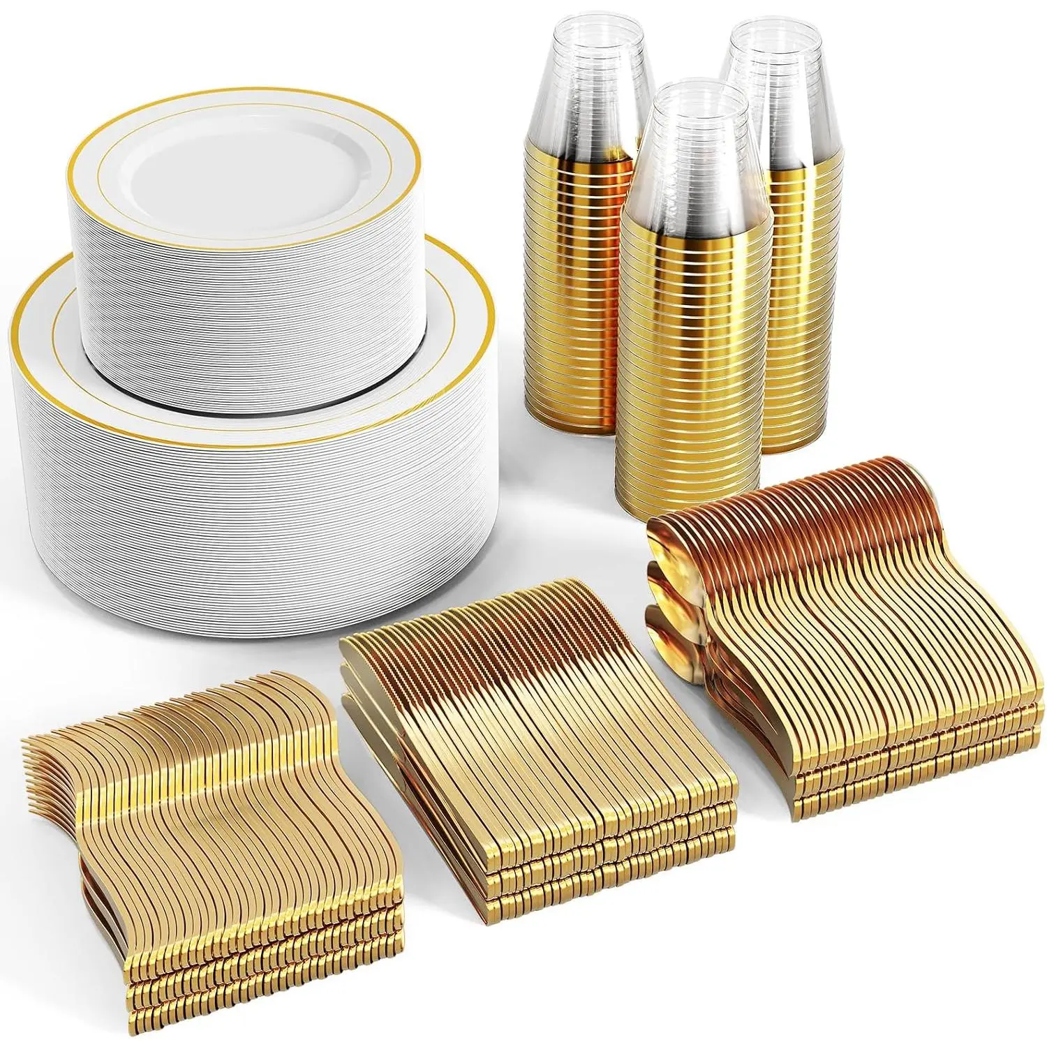 600 Ct  Dinnerware Set for 100 Guests -  Rimmed Disposable Plastic Plates, Includes 100 Dinner & Salad Plates, Cups, Cutlery Set for Wedding Parties