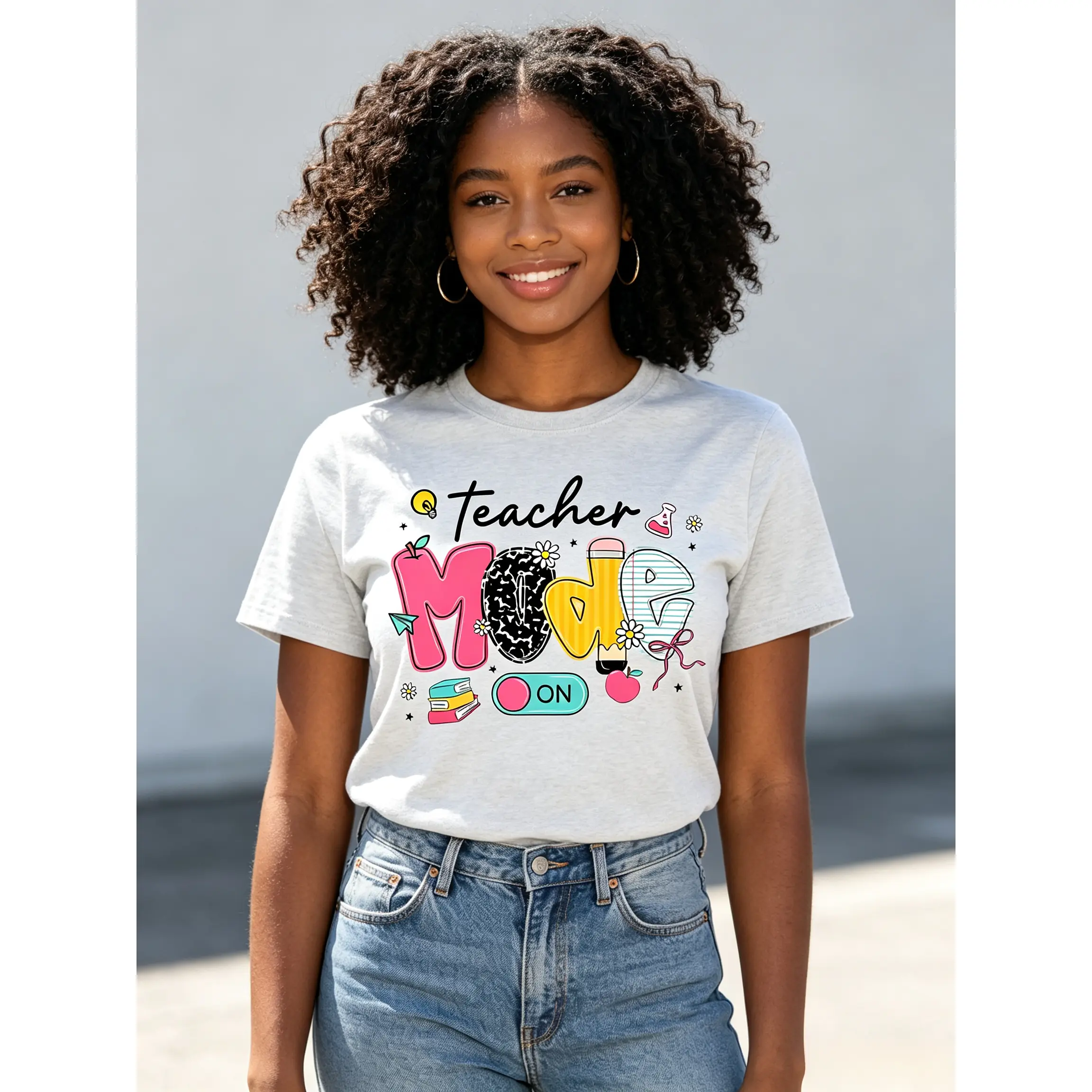 Women's Oversized Smooth Graphic Back to School Shirts, Love-Themed Teacher Tops with "Teacher Mode On" Print for Teach Life Checks