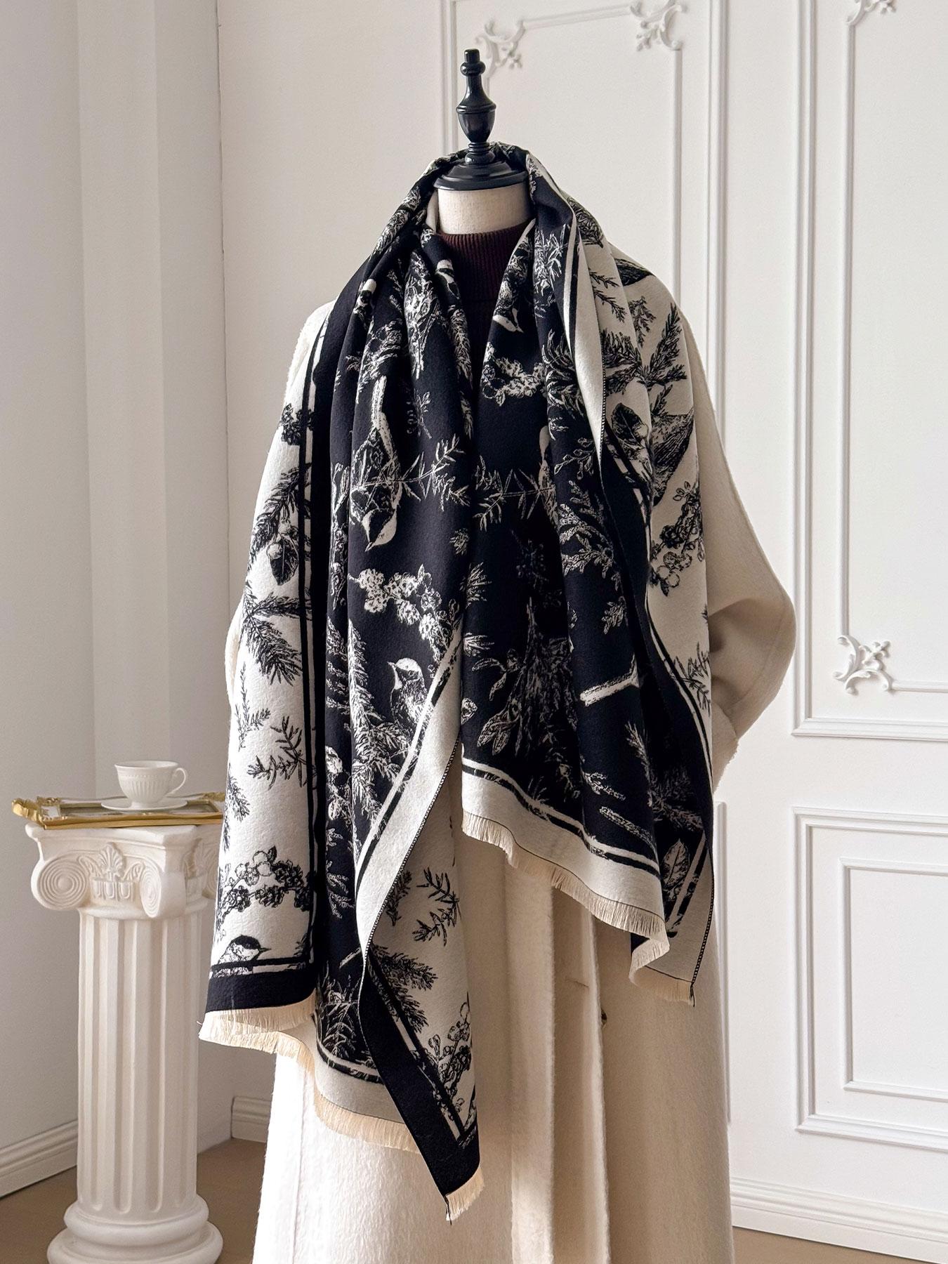 Women's Winter, Loose Fit Floral Pattern Shawl, Casual Loose-Fit Design, Thick Woven Fabric, Warm & Soft, Perfect for All Seasons, Elegant Fashion Accessory