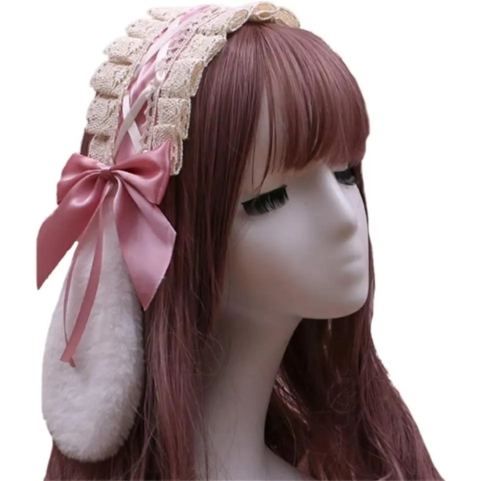 Furry Bunny  Ears Clips Bowknot Lolita Maid Lace Headband Accessory