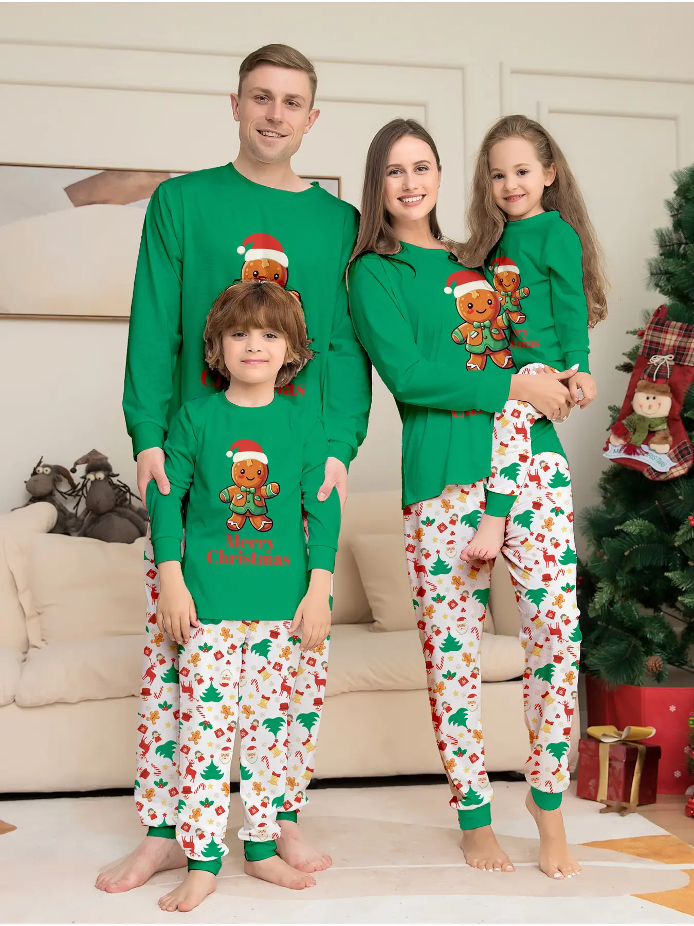 Family Matching Christmas Pajamas Set for 4, Santa & Tree Print Two-piece Loungewear with Red Trim, Soft Breathable Knit, Perfect for Xmas Photos, Party & Daily Sleep