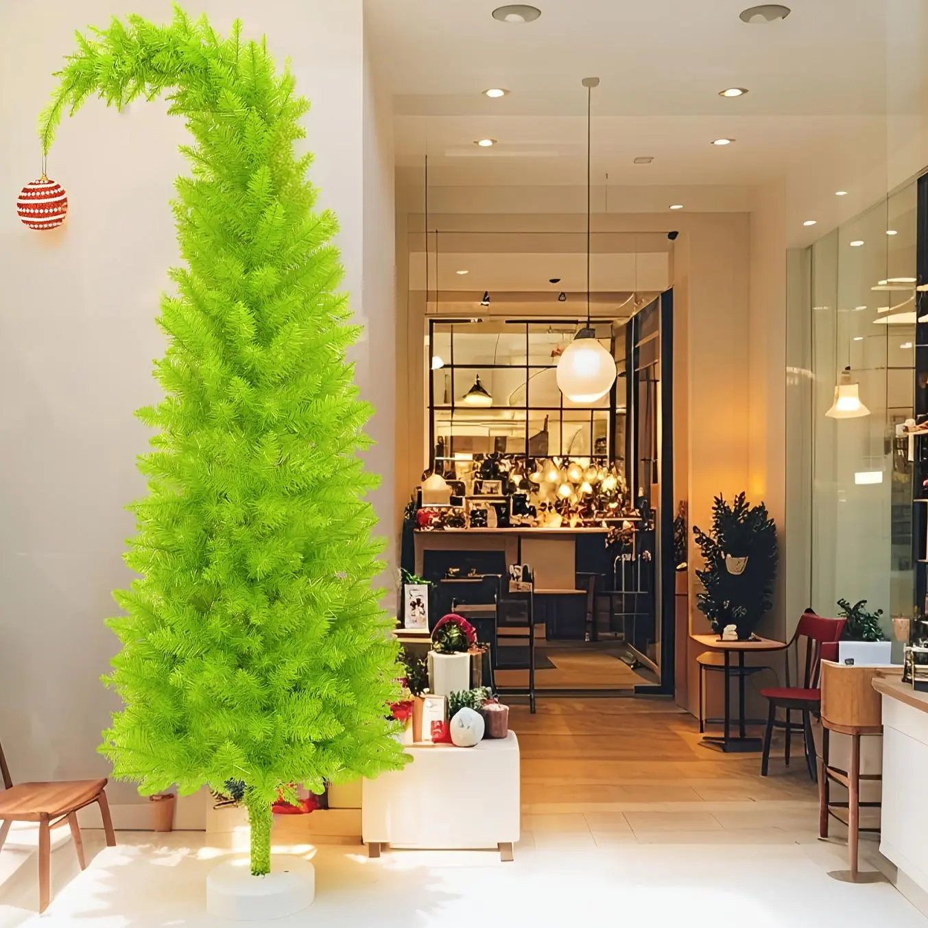 6-Foot Christmas Tree, Shop Window Decoration, Bendable, with Tree Skirt, String Lights, Christmas Ball, Artificial Christmas Tree Stand, Unique Christmas Tree Decorations, Party Christmas Decorations