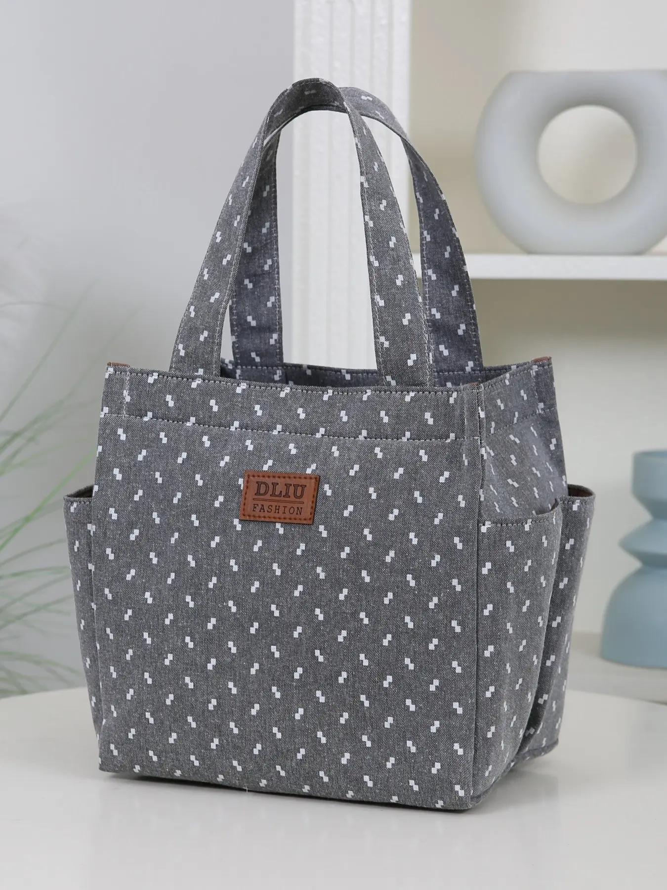 New Thick Fabric Handbag, Lunch Bag with Zipper Closure, Two Side Pockets, Storage Bag for Work, Shopping, Daily Use
