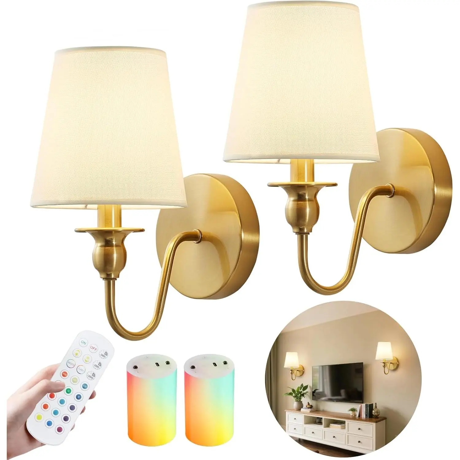 Battery Operated Wall Sconces Set of Two, Wireless with 10000mAh Dimmable Bulb & Remote, 15 Color LED Rechargeable Gold Sconce with Fabric for Bedroom Living Room Hallway Decor
