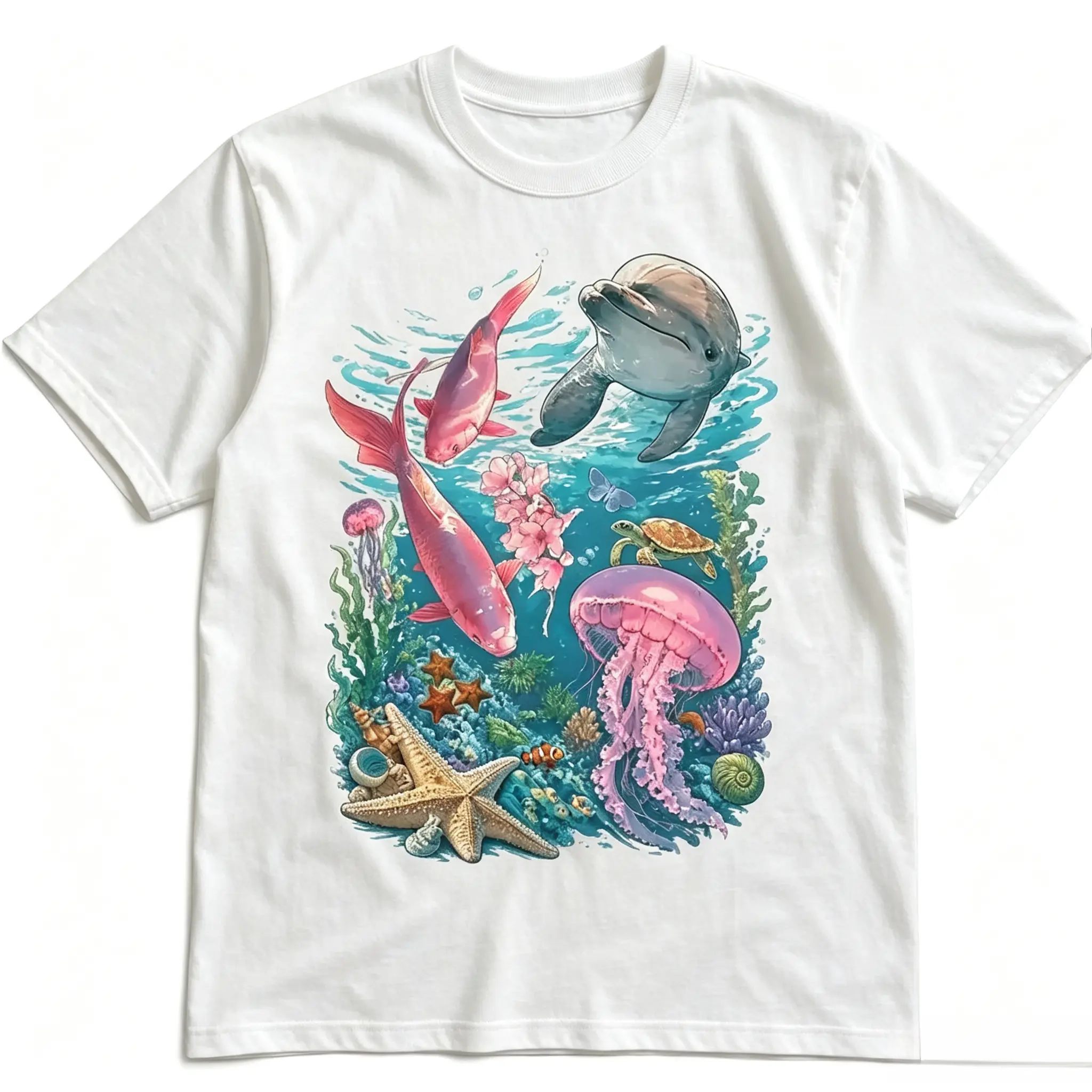 Dolphin Jellyfish Graphic Tee, Y2K Summer Ocean T-Shirt, Cute Marine Life Artwork Shirt, Coastal Aesthetic Unisex Cotton Top, Sea Lover Gift