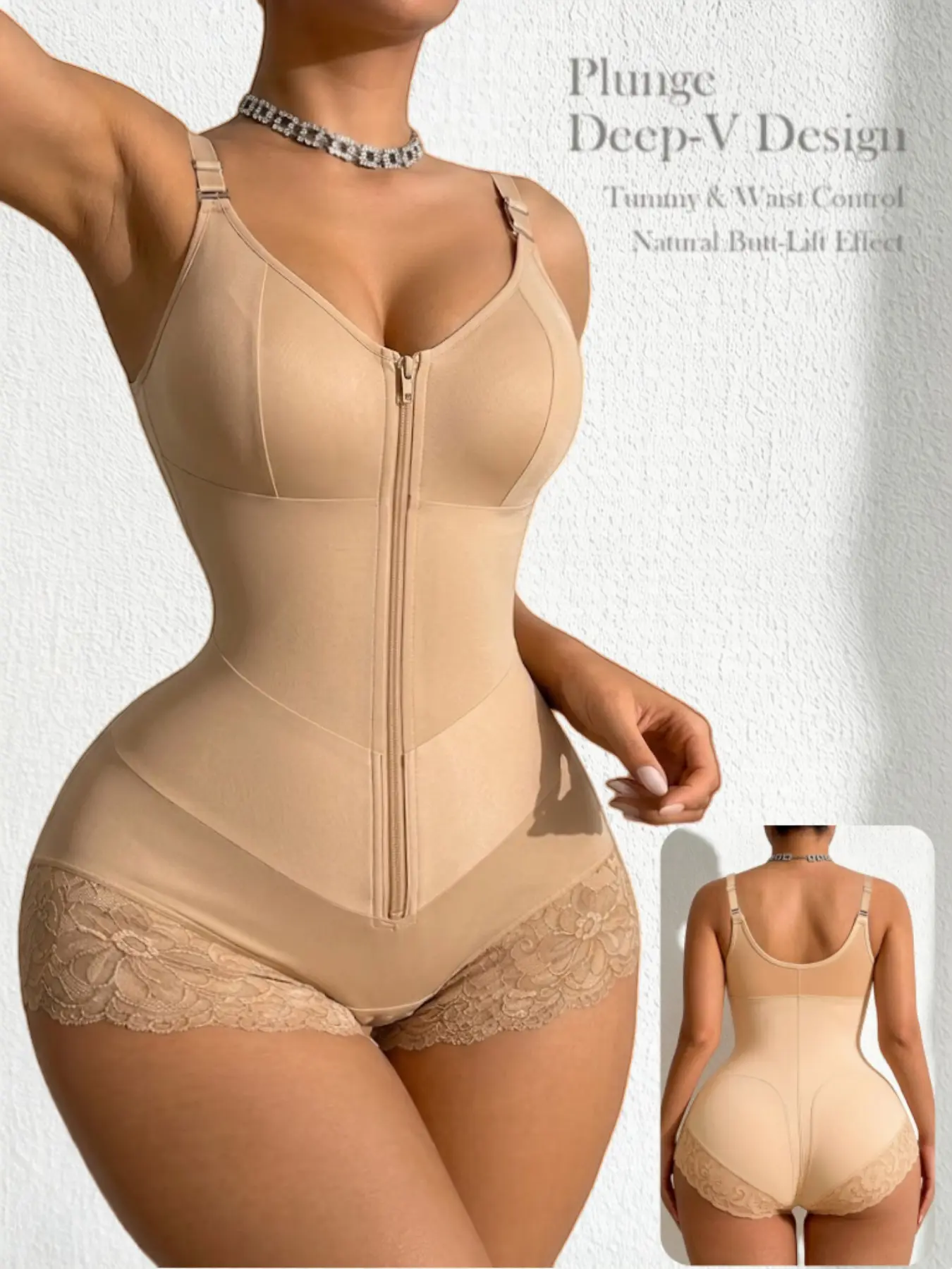1 Count Women's Comfortable Breathable V-Girdle Bodysuit, Colombian Shapewear, Fajas, Elegance, Sexy Hourglass Waist Shapewear Bodysuit, Tummy Control And Butt Lift Jumpsuit, Lace Trim On The Pant Cuffs Shapewear, Suitable For Stylish Wear Daily