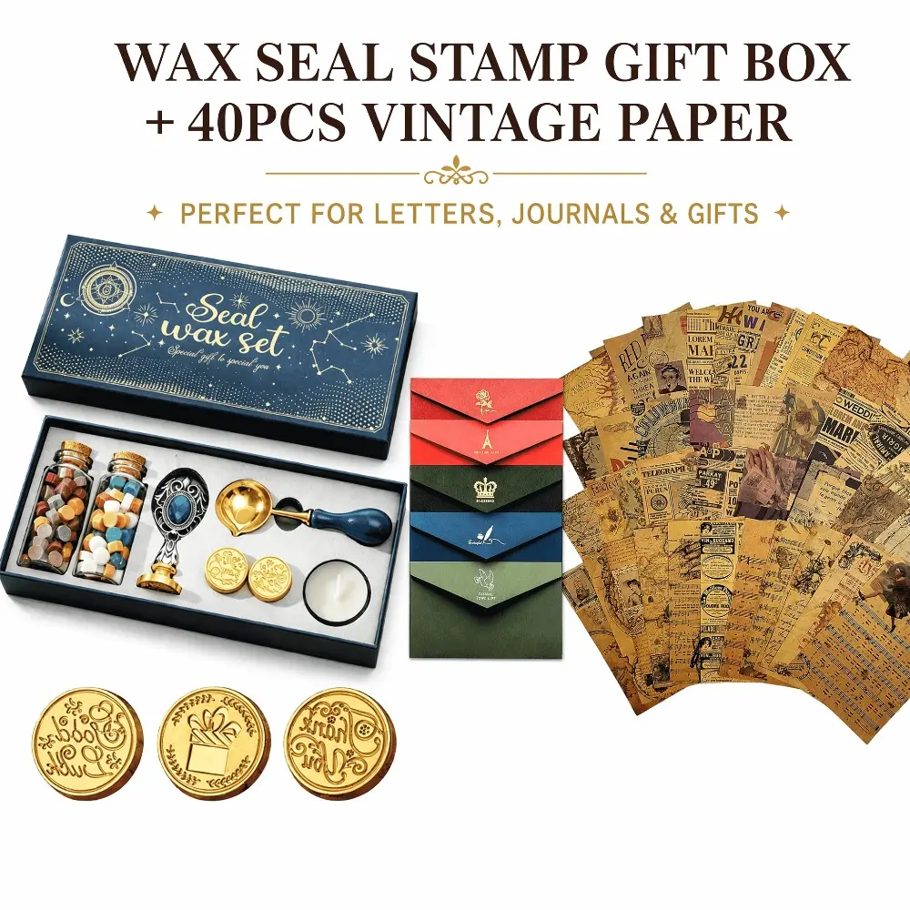 1 Set Wax Seal Stamp Gift Box Set with 40Pcs Vintage Paper, Sealing Wax Beads, Spoon, Candles, Envelopes, Vintage Wax Seal Kit for Letter, Journal, Wedding Invitations, Gift Wrapping DIY Crafts