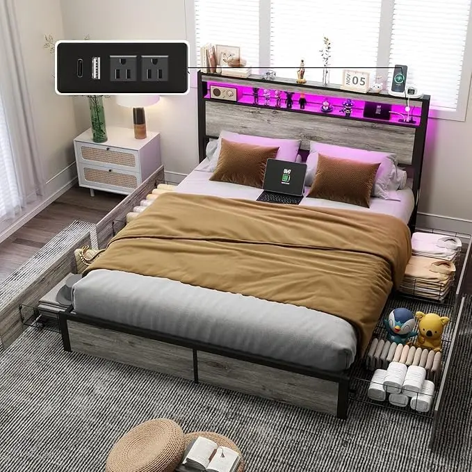 Queen Size Bed Frame with 4 Storage Drawers and Headboard with Charging Station and LED Lights,2 Tier Solid Wood Headboard Storage/Noise Free/No Box Spring Needed/Remote Control/Rustic Grey