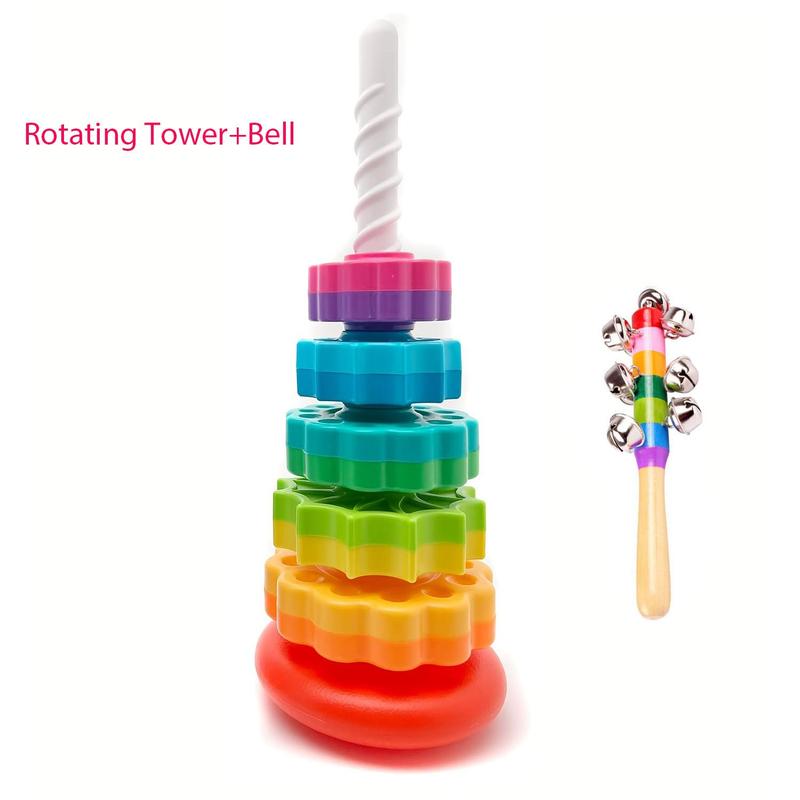 Rainbow Rotating Tower Toy, Colorful Wooden Stacking Toy Sensory Toys Shape Sorter Jenga Game for Kids, Stacked Puzzle Baby Toys, Rainbow Tower Blocks Toy for Kids