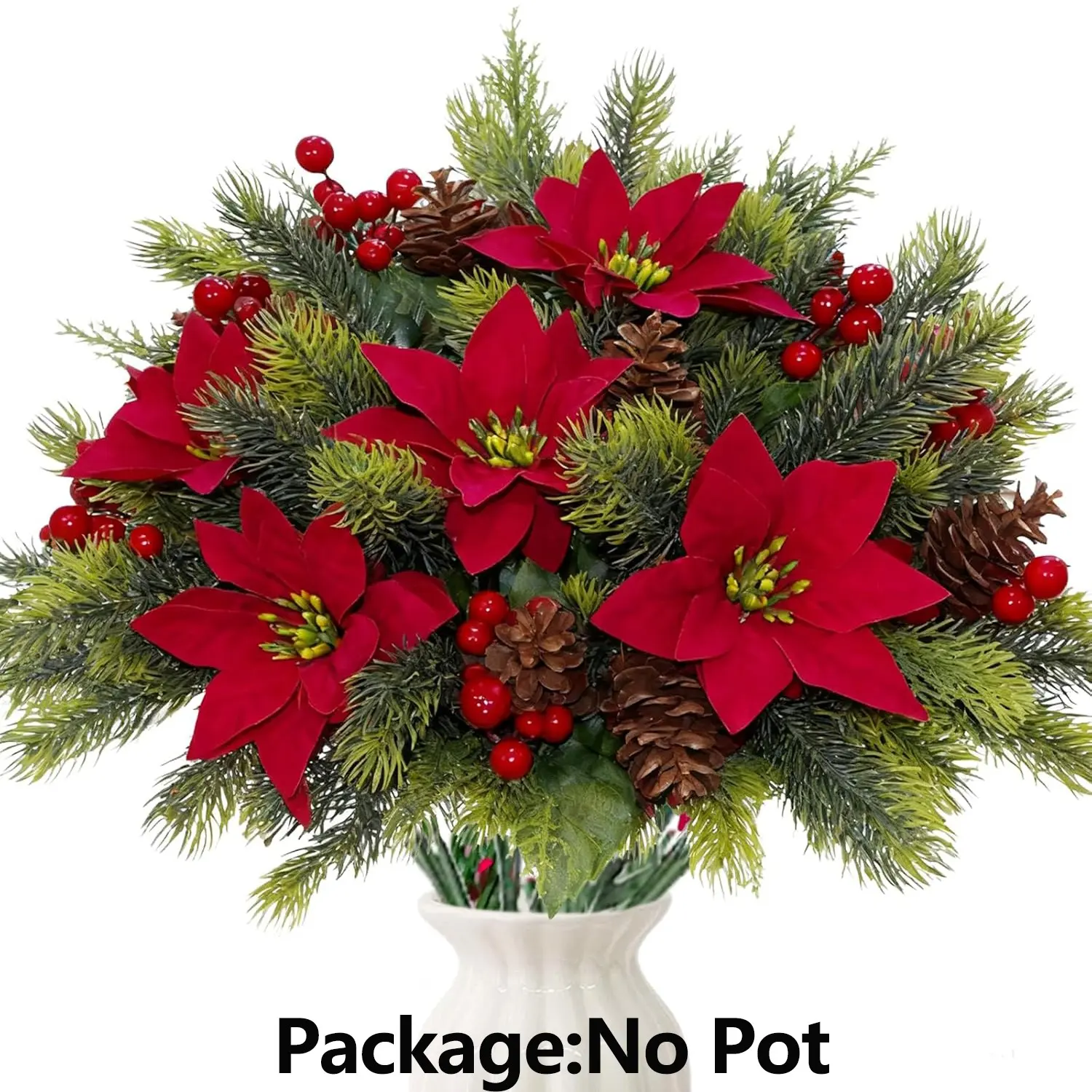 8 Artificial Flower Bouquet Christmas Floral Pinecone Berry Branches Wintergreen Holiday Decorations for Tree Party DIY Indoor Table Arrangement