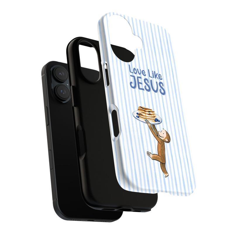 Curious George IPhone Case, Cartoon Monkey Phone Cover with Love Like Jesus Bible Verse and Pancake Design Phone Case Suitable for IPhone 17, 16, 15, 14, 13, 12, 11 Pro Max, X, XR, XS Max, 8, and 7 Plus