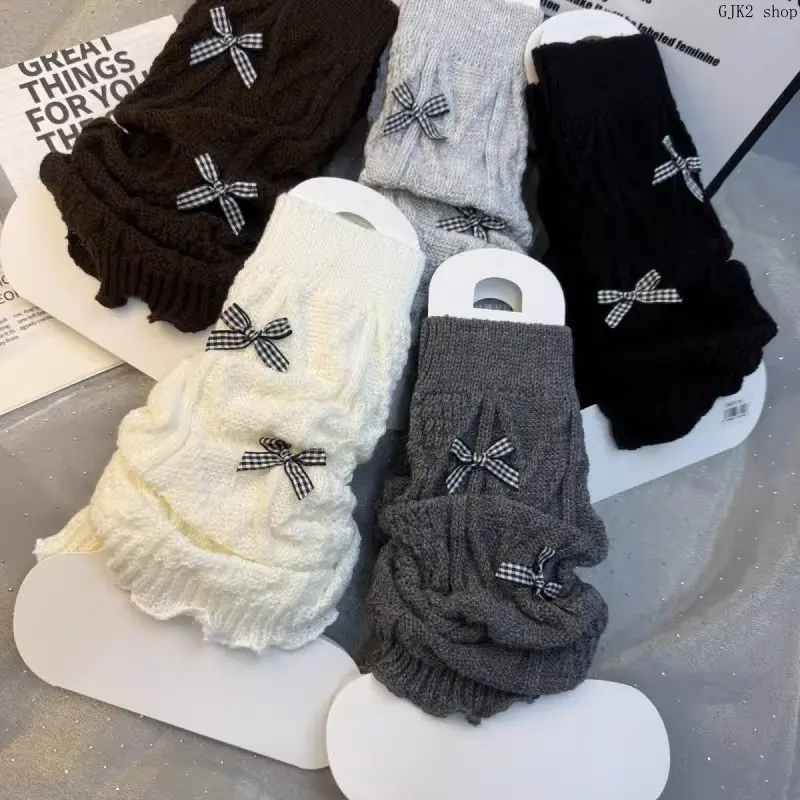 Women Soft Twist Knit Leg Warmers Ruffled Hem Plaid Bow Decor Casual Sweet Style Leg Socks For Autumn Daily Street Outfits