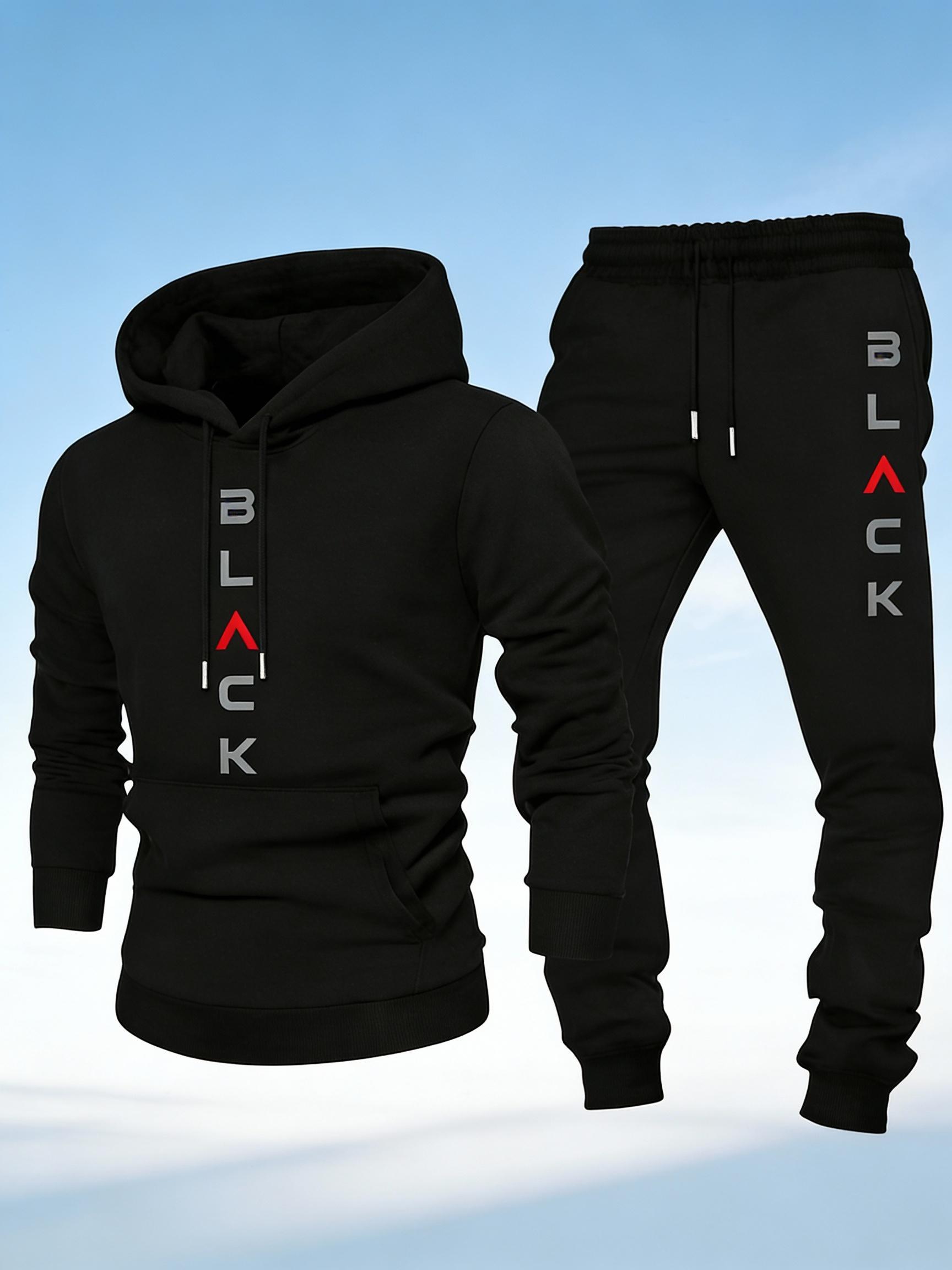 Men's Sports Casual Two-Piece - Vertical Letter Print Hoodie & Joggers, Multi-Color Comfort Set Sweatsuit With Pockets