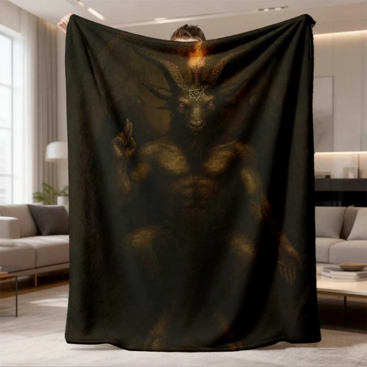 Baphomet Goat Demon Occult Symbol Vintage Dark Painting Flannel Throw Blanket Gothic Satanic Dark Art Warm Blanket Gift Occult & Goth Lovers All Ages