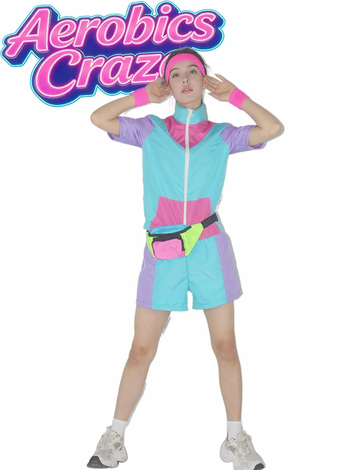 2-Piece Set, 80s Retro Macaron Color Patchwork Sports Suit, Disco Vintage Party Cosplay Costume, Loose-Fitting, All Seasons