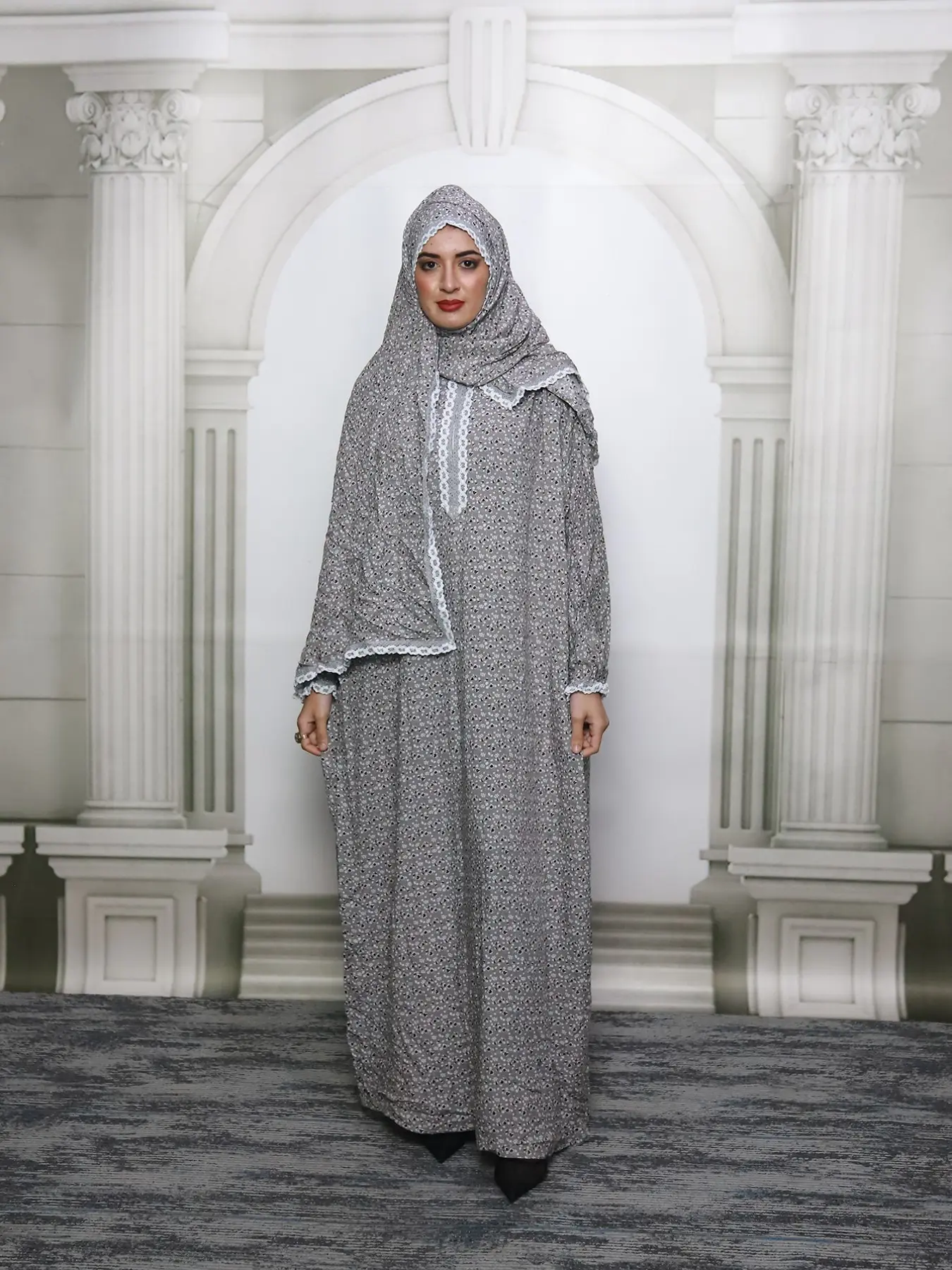 Middle Eastern Women's High-End Elegant Lace Scarf Prayer Dress, Fashion Printed Long Dress, Modest Loose-Fitting Long Sleeve Dress