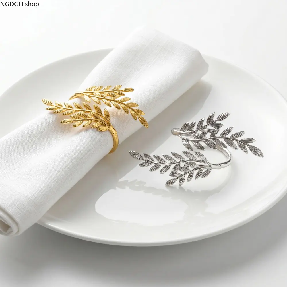 BohoLeafShapeNapkinHolder,GoldSilverAlloyWheatSprigNapkinRing,AdjustableFlexibleDesign,ClassicTableOrnament,PerfectForHolidayFeastWeddingReceptionDailyFormalDiningTableStyling