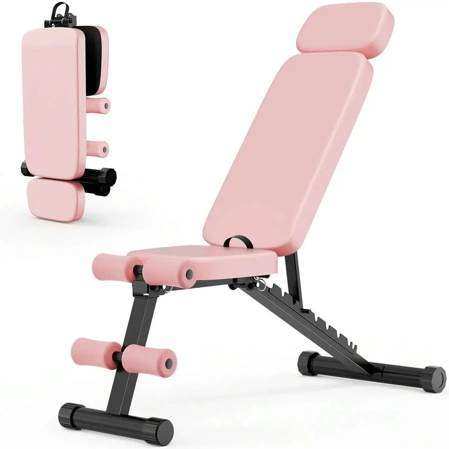 Adjustable Weight Bench Foldable 9 Positions 800lbs Heavy Duty Pink Workout Bench For Home Gym Strength Training Sit Up Abdominal Trainer Multi Function Fitness Equipment