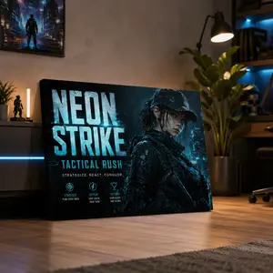 Cyberpunk Tactical Warrior Canvas Wall Art, Futuristic Action Poster, Neon Blue Sci Fi Wall Decor, Gaming Room Artwork for Bedroom Office Studio, Unframed Canvas Poster or Framed Canvas Wrap