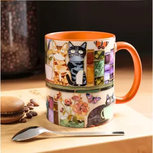 Stained Glass Floral Bookshelf Cat Ceramic Coffee Mug, Cozy Cottagecore Literary Reader Tea Cup, Sentimental Gift For Cat Mom Librarian BookTok Readers Birthday Christmas Galentine Book Swap Cottage Housewarming Present