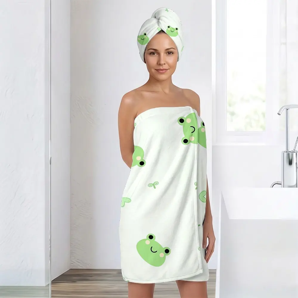 2pcs Modern Frog Print Towel Set, Adjustable Buckle Bath Towel and Hair Dryer, Super Absorbent Microfiber, Multi-Use for Home, Travel, Gifts, Portable Towels, Bath Towel Sets