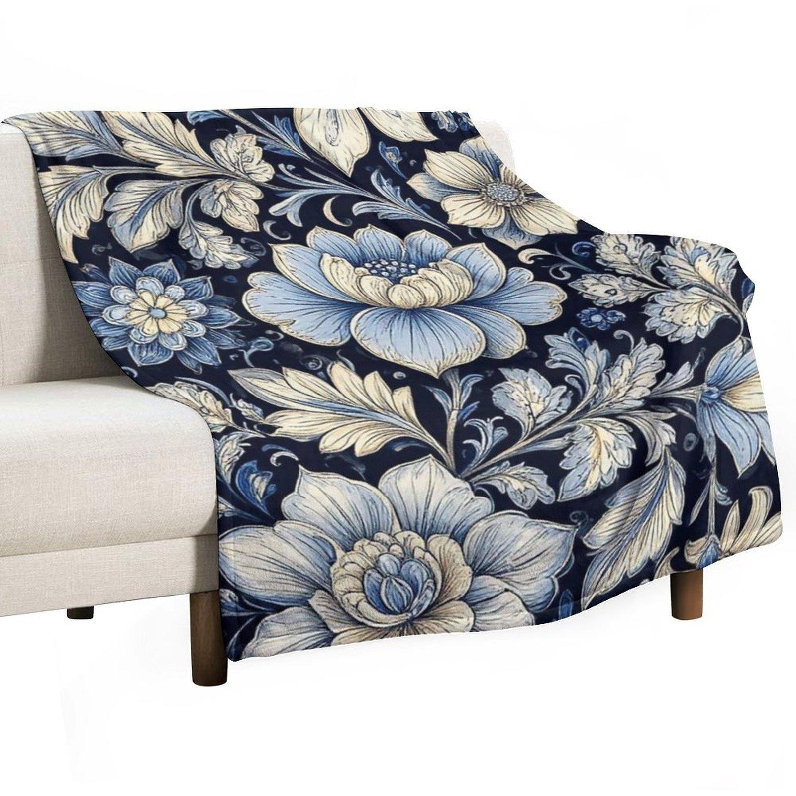 Vintage Blue Floral Fleece Throw Blanket, Soft Cozy William Morris Style Blanket for Couch Bed, Aesthetic Botanical Cottagecore Gift for Flower Lovers