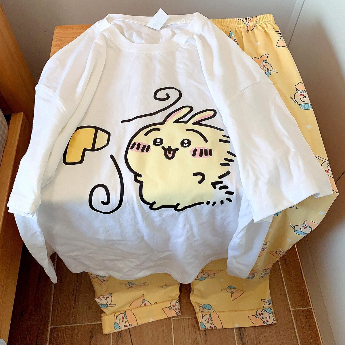 Anime Usag Hachiware Summer thin pajamas round neck Loose long-sleeved shirt and pants Cute cartoon pattern household clothes