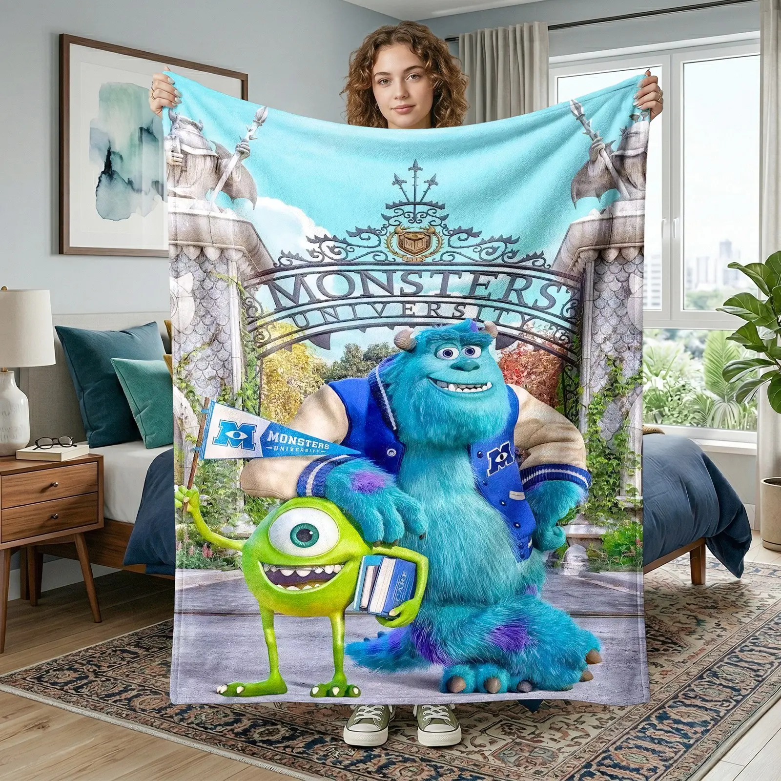 1pc Monsters University Flannel Blanket, Sulley and Mike Wazowski Fleece Throw Blanket with Monsters University Campus Cartoon Movie Design, Soft Cozy Blanket for Sofa Bed Office Camping Travel, Birthday Christmas Gift