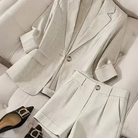 Women's Breathable Lightweight Minimalist High-End Aesthetic Set, Fashion Business Outfits, Korean Style Loose Three-Quarter Sleeve Blazer + High-Waisted Wide-Leg Shorts