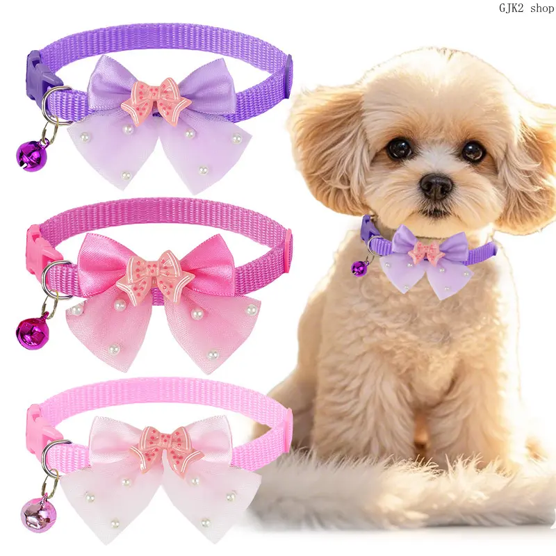 Tulle Pearl Bow Pet Collar with Bell Adjustable Nylon Neck Collar Cute Small Dog Kitten Wedding Party Grooming Collar 3 Colors