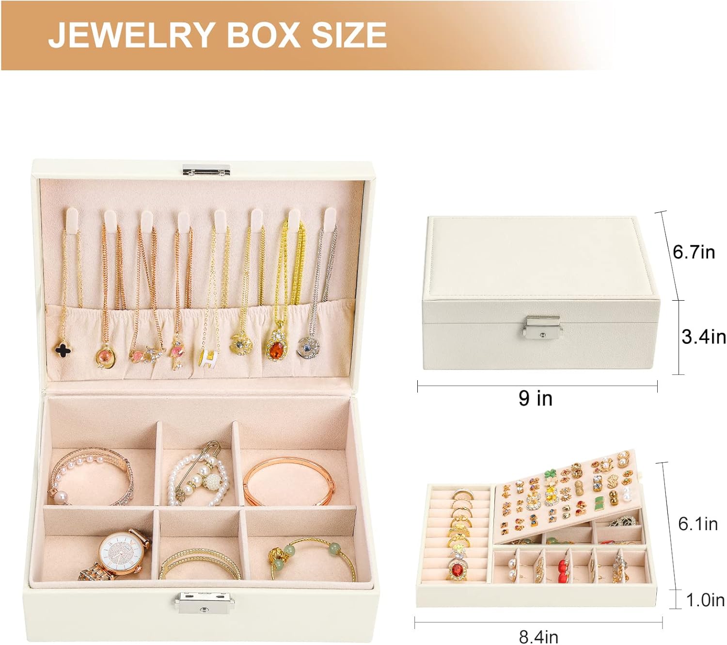 Jewelry Organizer Box PU Leather Jewelry Box for Girls Womens Earring Organizer Boxes 2 Layer Large Jewelry Storage Case Removable Tray for Necklace Earring Ring with Polishing Cloth and Jewelry Bags
