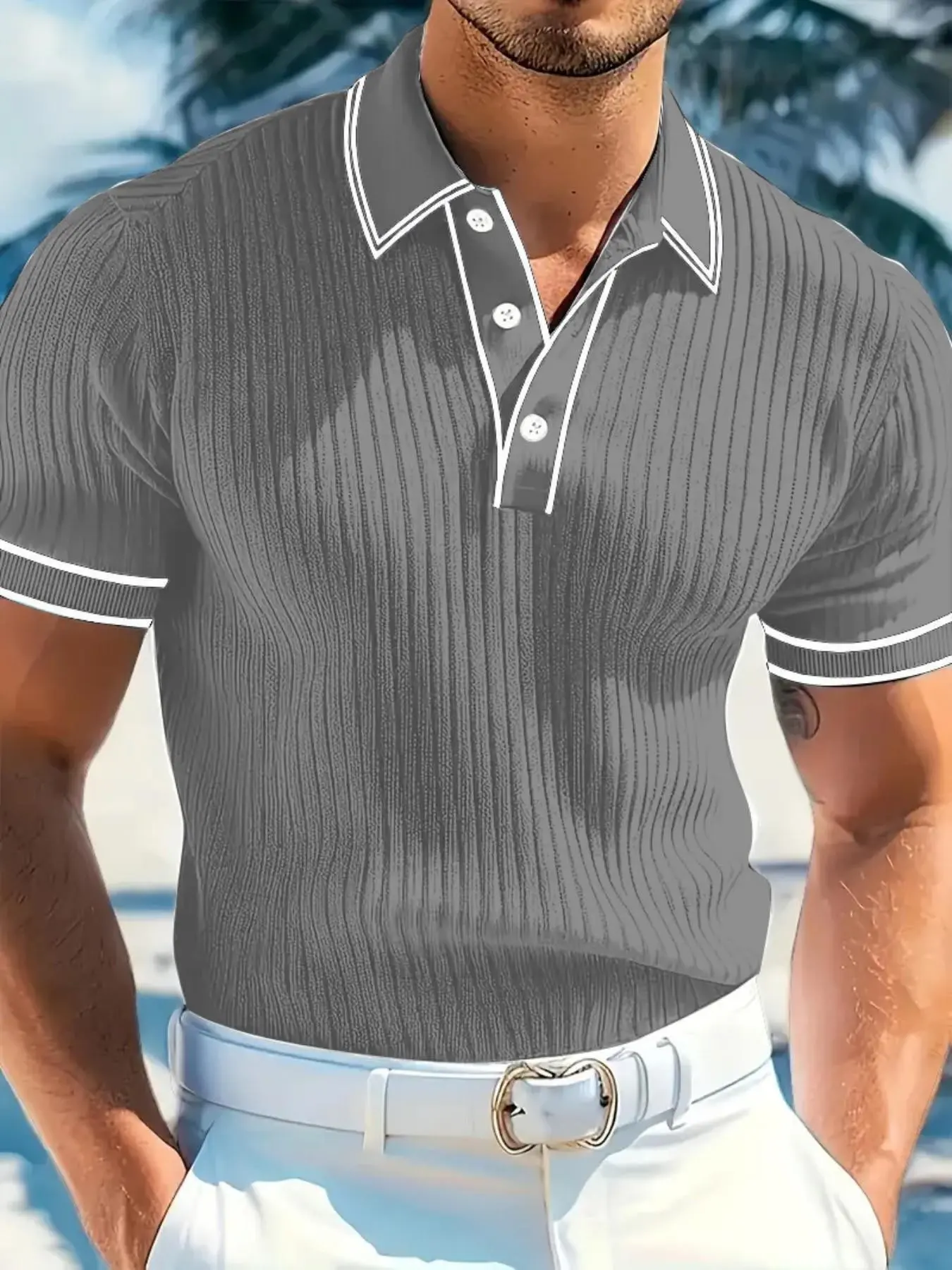 Men's Vertical Ribbed Knit Contrast Collar Short Sleeve Polo Shirt, Breathable Stretch Fabric, Elegant Business Casual Style
