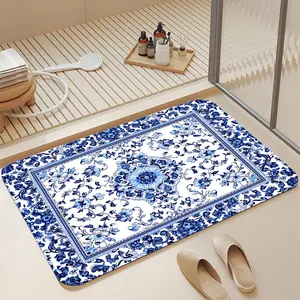 Vintage Chinoiserie Blue White Porcelain Floral Soft Diatomite Bath Mat 16*24 Inch |   Instant Water Absorbing Non Skid Anti-Mold Shower Rug Stylish Oriental Grandmillennial Farmhouse Bathroom Decor Mat for Floral & Vintage Lovers