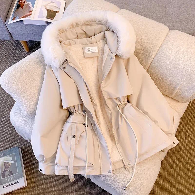 Fleece Lined Hood Down Jacket Winter Coat for Women Warm Drawstring Padded Parkas Korean Casual Streetwear Female Puffer Outwear Womenswear Asian Can be used with raincoat