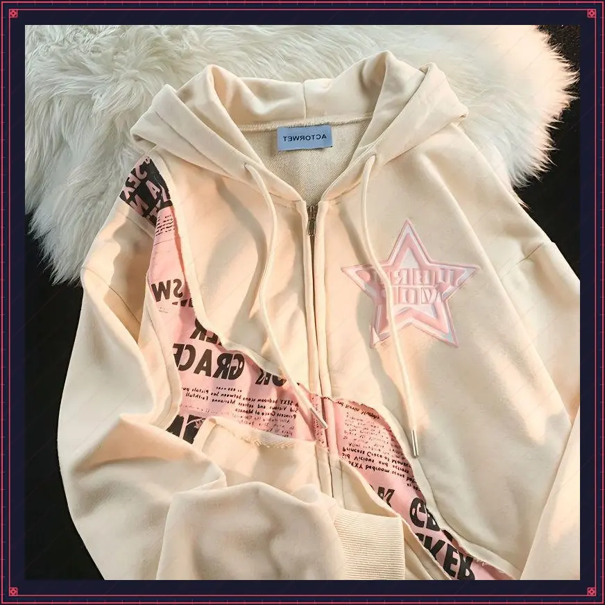 Style Star Letter Print Patchwork Cardigan Sweatshirt Women Loose Versatile Jacket Women's Drop Shoulder Line Print Hoodie Womenswear Tops Long Sleeve Pullover