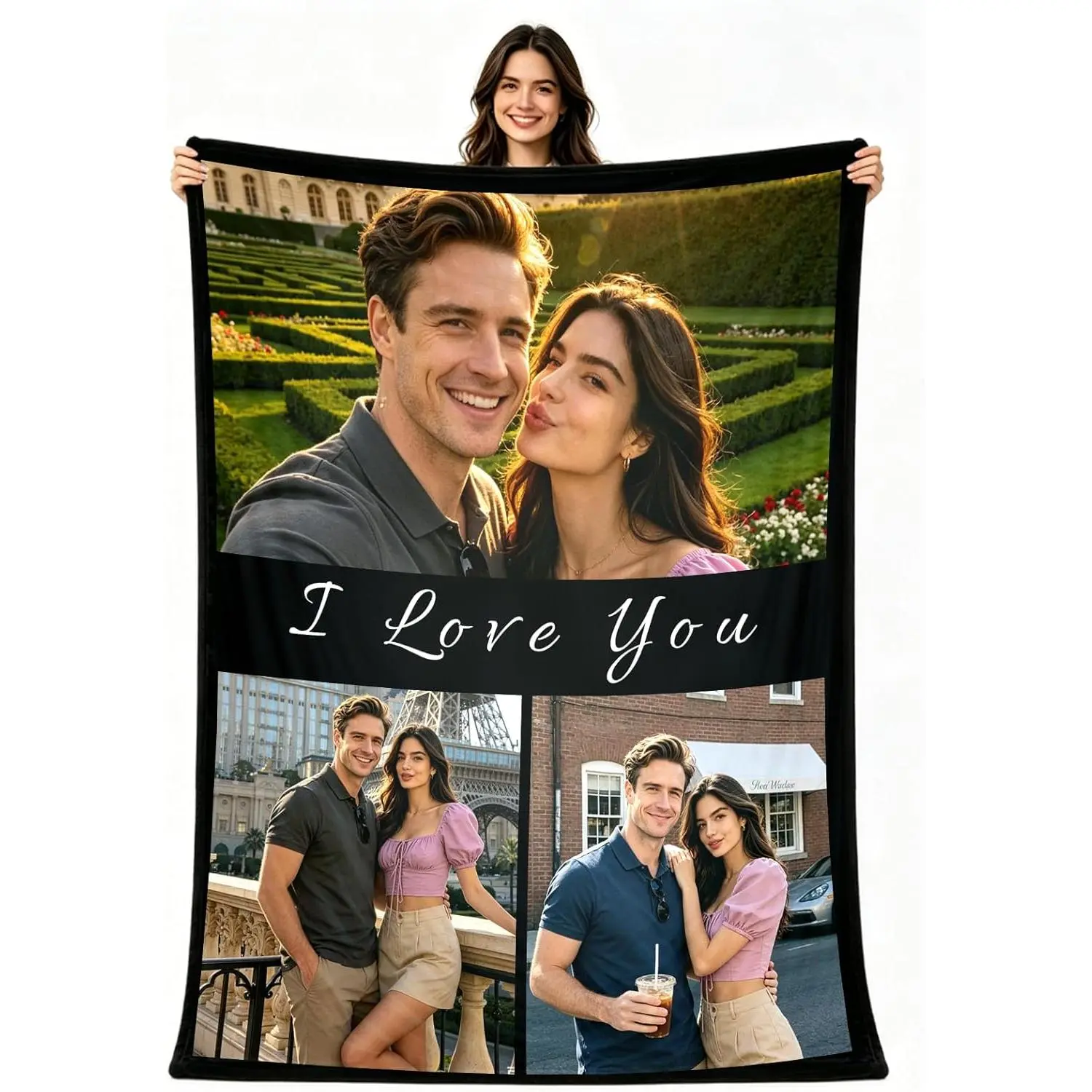 Romantic Custom Photo Flannel Throw Blanket, Personalized Couples Memory Blanket with "I Love You" Design, Soft Cozy Warm Blanket for Anniversary, Valentine’s Day, Wedding & Long Distance Relationship Gift