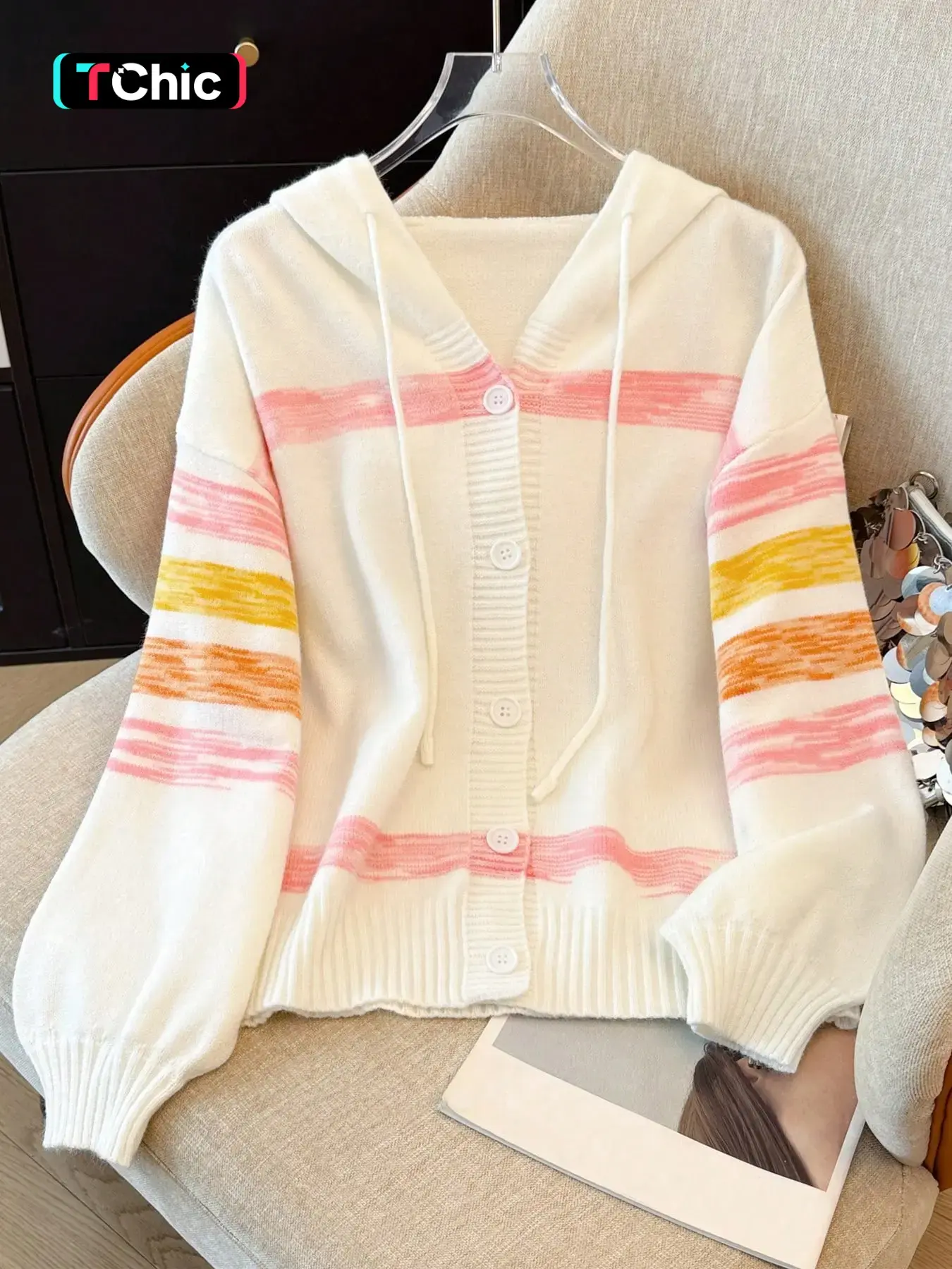 Elegant Tie-Dye Hooded Long Sleeve Loose Cardigan Sweater Coat, Gradient Striped Button Front Knitwear Jacket for Fall Winter Women Fashion Knitting