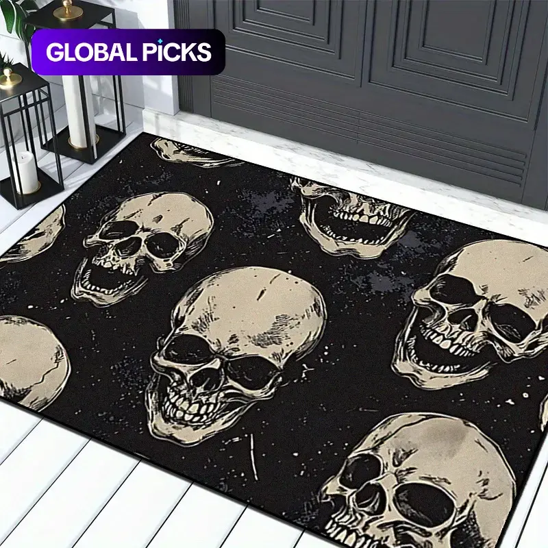 Halloween Theme Home Decor Entryway Rug, Skull Print Design, Creative Unique Holiday Gift Carpet, Soft Washable Mat, Machine Washable Rug for Living Room Bedroom #GLOBAL PICKS