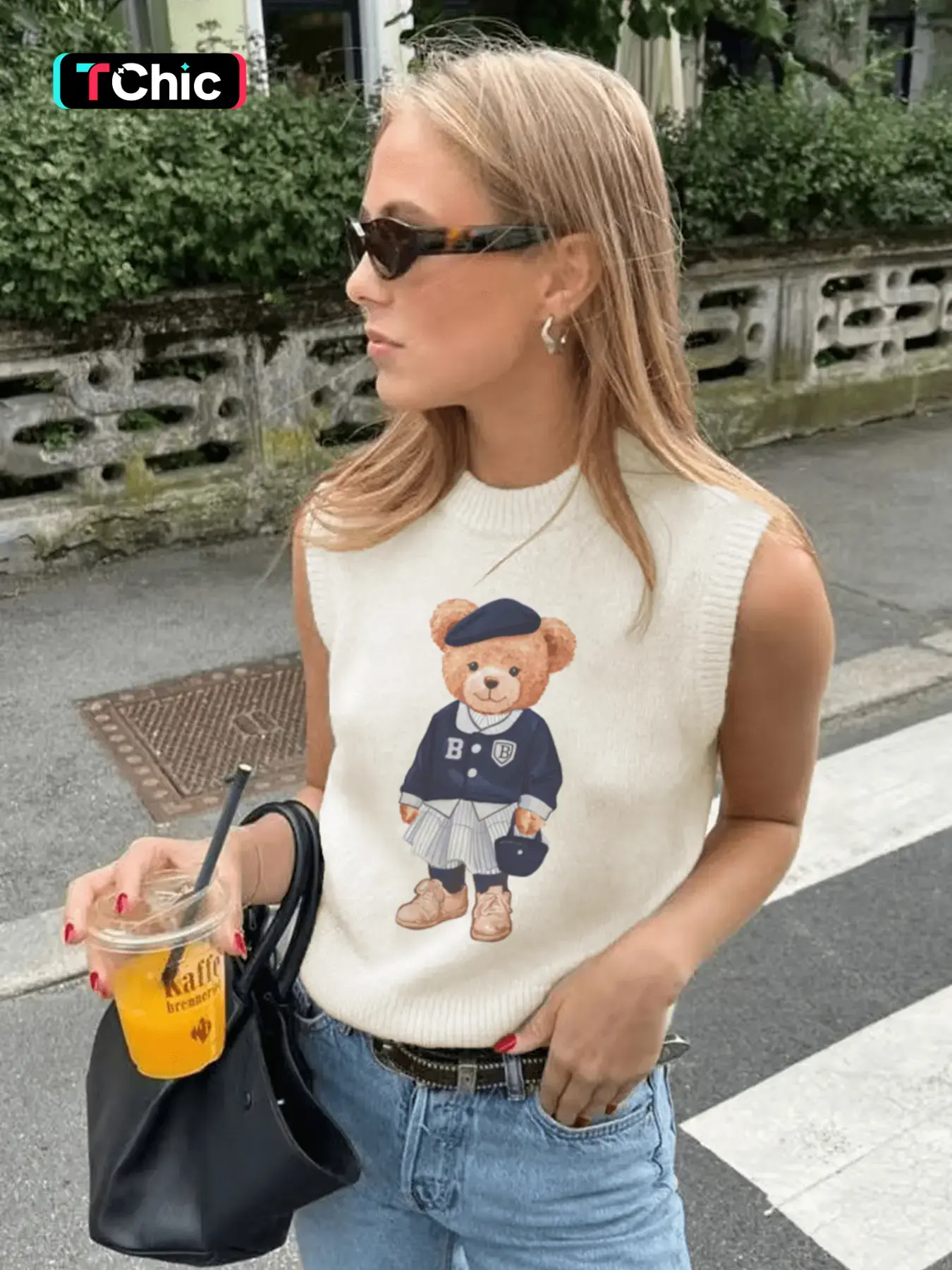 Women's Round Neck College Style Bear Print Sweater Vest, Casual Fashion Fitted Knit Top, Cute Animal Pattern, Street Style