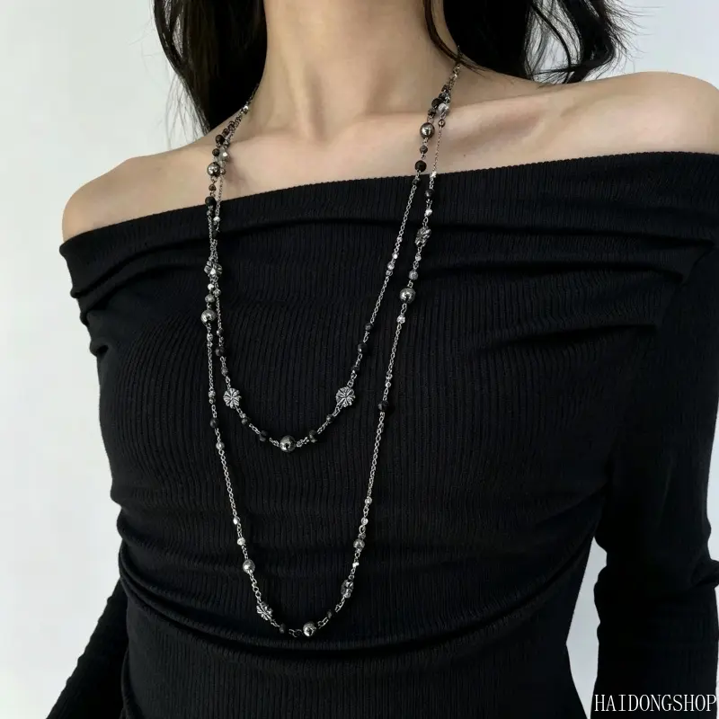 Y2K Grunge Viral Boho Double Layer Distressed Beaded Long Necklace For Women, Ethnic Colorful Floral Stackable Neck Chain, Niche Dopamine Accessory For Festival Beach Street Daily Styling,adjustable,